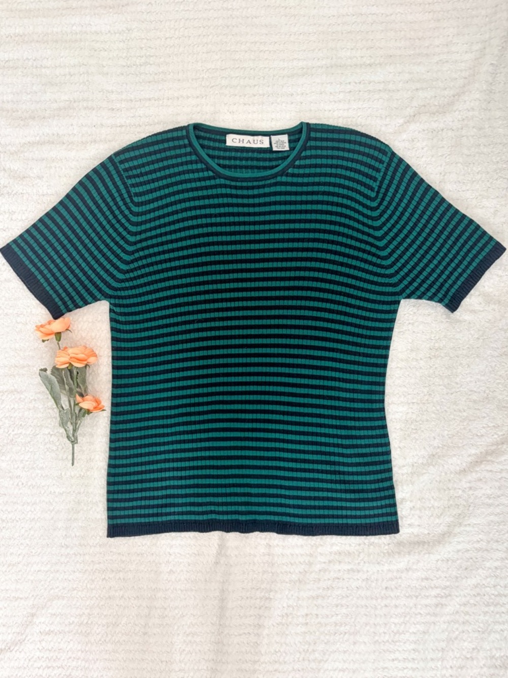 Chaus Green and Black Striped Short Sleeve Top Size Large 100% silk